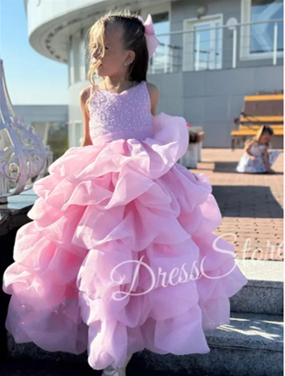 ชุดเดรสเด็กผู้หญิงสีชมพูแบบสั่งทำพิเศษสำหรับงานแต่งงาน ผ้าทูลล์แต่งเลื่อมระยิบระยับ ชุดราตรีงานวันเกิด งานรับศีลมหาสนิท งานเลี้ยง