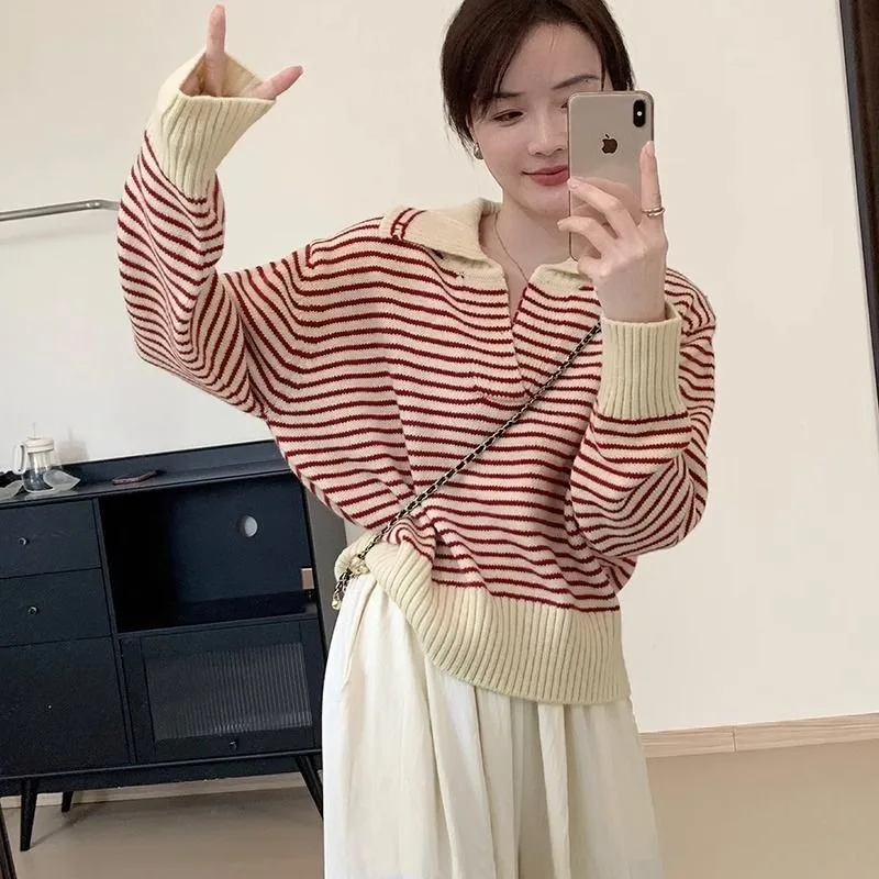 Pullover Sweater Female 2023 Korean Women Autumn Academy Sweater Loose and Slim Versatile Striped Top Long Sleeve Knit Sweater