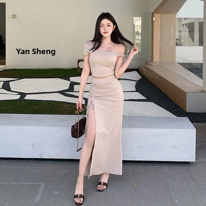 

Pure Desire Short Style Slim Fit Tea System Matching Set Spicy Girl Shoulder Design Half Body Skirt Two Piece Set Summer Fashion
