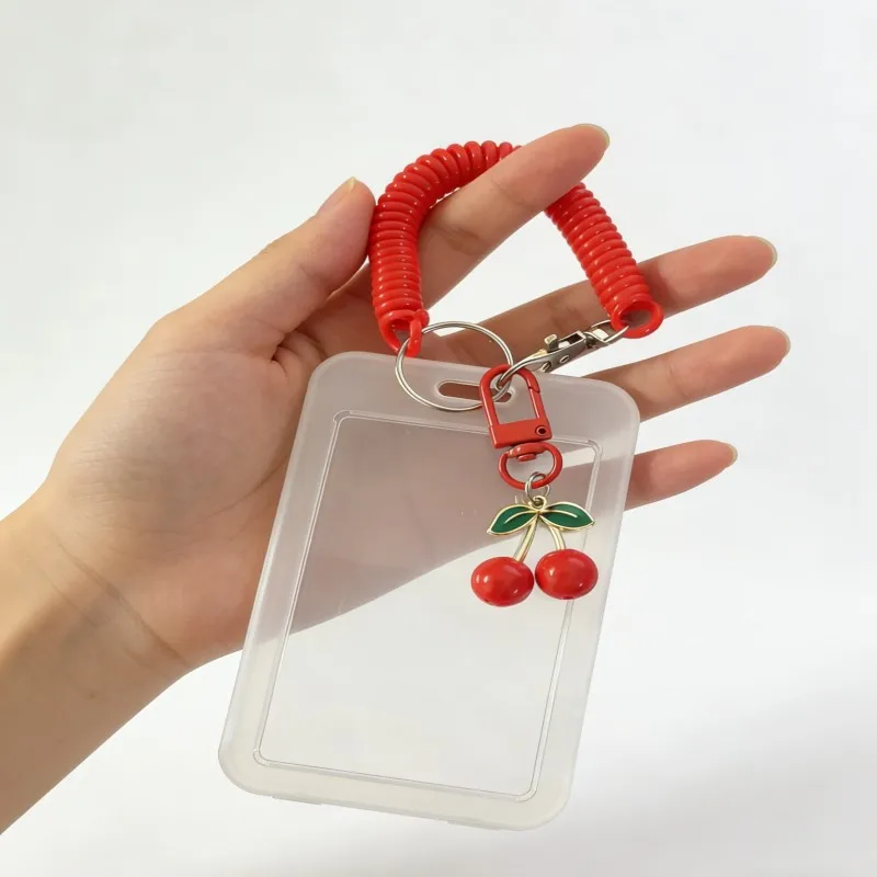 1Heavy-Duty Retractable ID Card Holder, With Cherry Keychain and Wrist Strap - Transparent PVC Card Holder, With Safety Locking image 2