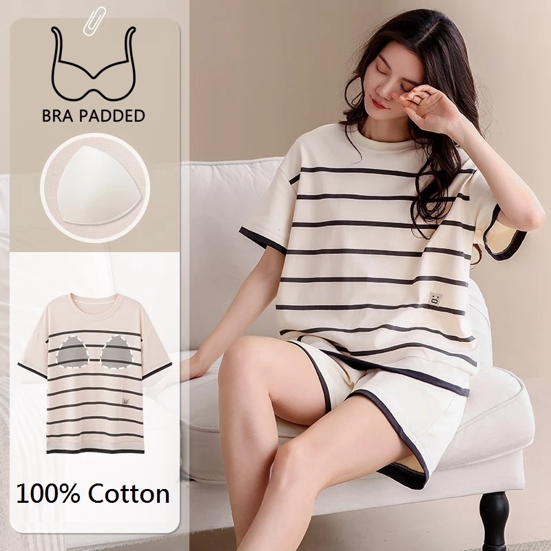 

High Quality Women's Casaul Homewear 2025 New Summer Shorts Pjs Bra Padded 100% Cotton Wide Striped Loungewear Leisure Sleepwear