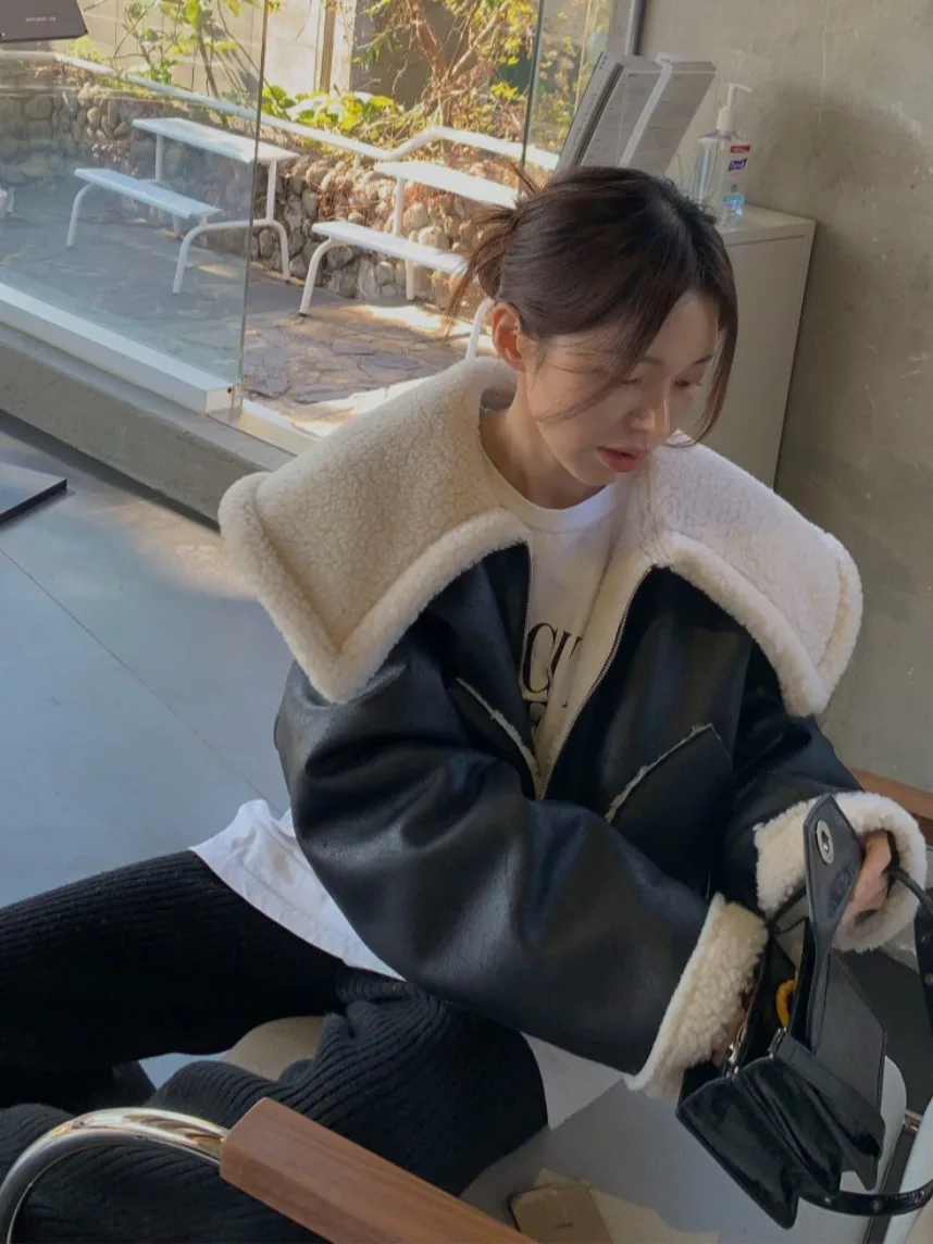 Lamb Fur Collar PU Leather Jaet Women Loose Lazy Sle Fce Lined Warm Motorcycle Suit Spring Autumn Winter Outerwear