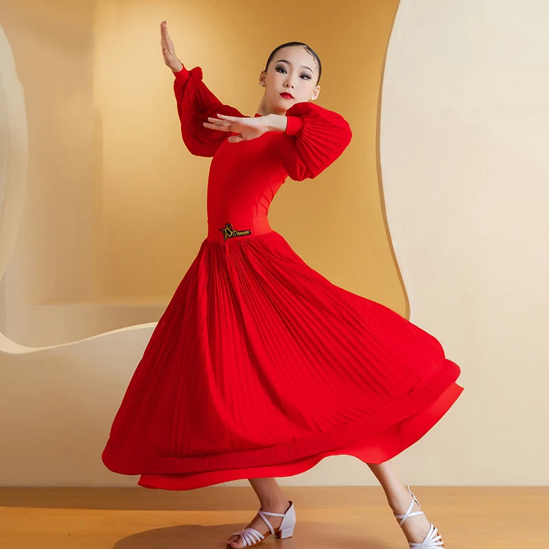 Red Ballroom Dance Dress Women Girls Puff Sleeves Prom Waltz Dance Competition Clothing Latin Cha Cha Performance Dress BL13820