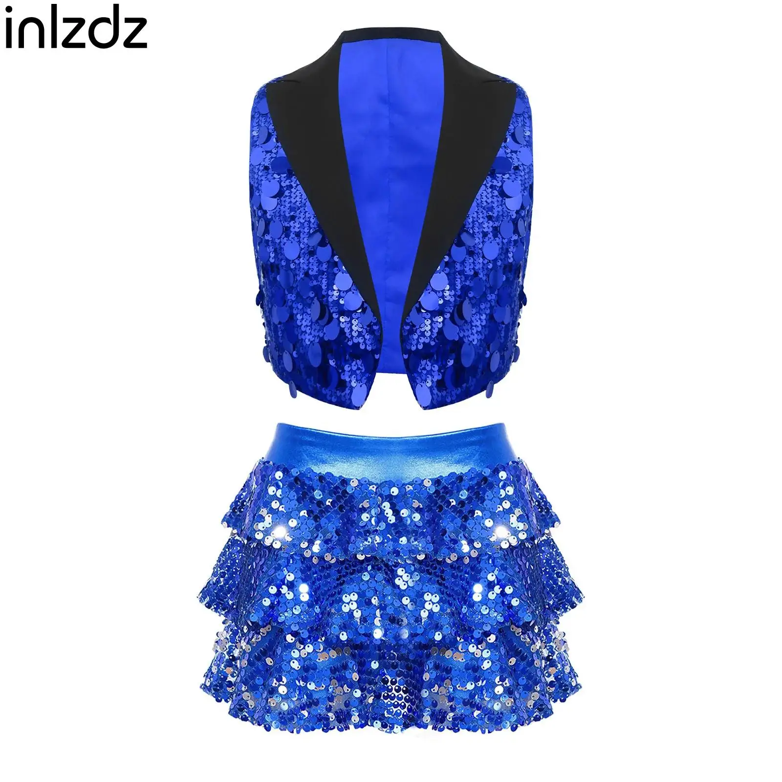 

2Pcs Girls Raves Party Jazz Costume Glitter Sequin Crop Top and Tiered Skirt for Kids Fashion Street Dance Style Clothing Set