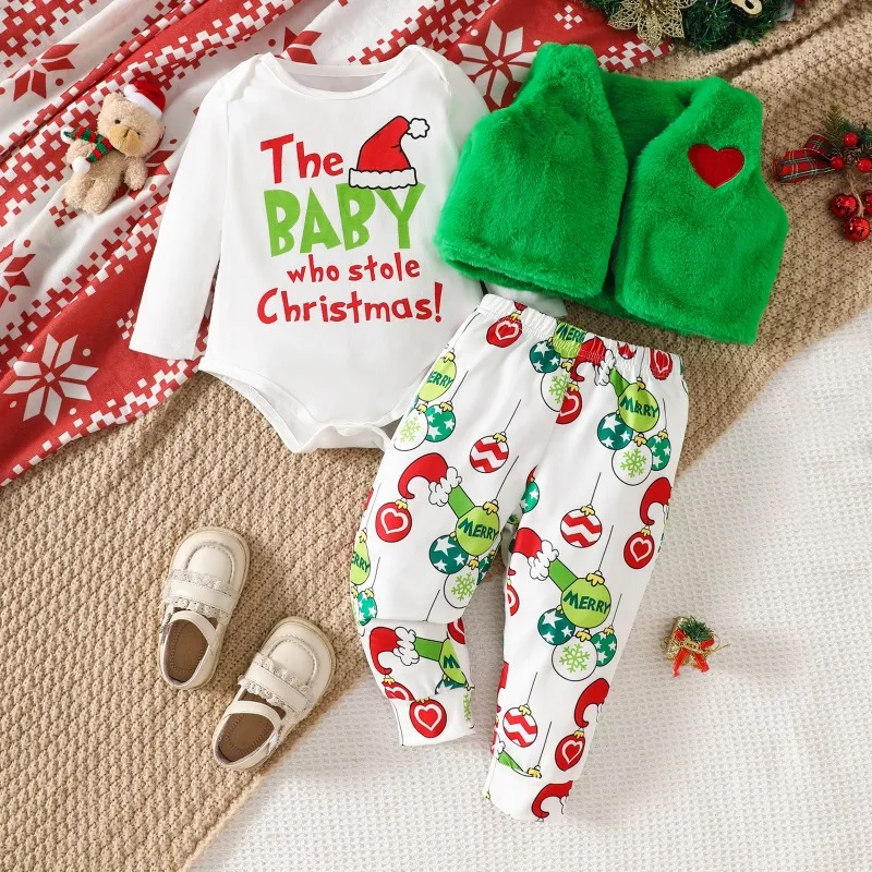 Newborn Infant Toddler Baby Christmas Outfit Set White Top Green Fuzzy Vest Jacket Xmas Print Pants 3 Piece Holiday Costume