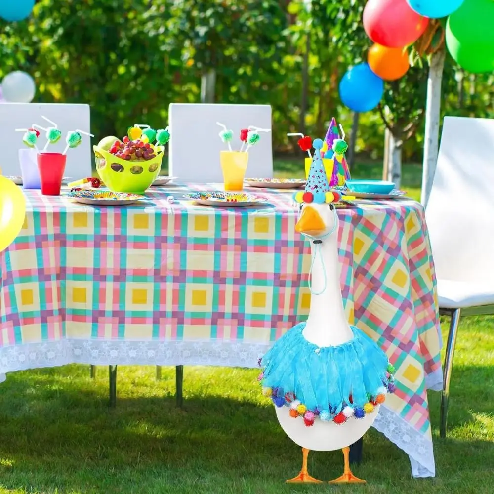 2Pcs/Set Hat and Tutu Collar Birthday Party Goose Outfit Colorful Pom-Pom Mesh Tutu Skirt Lawn Goose Clothes Elastic Waist