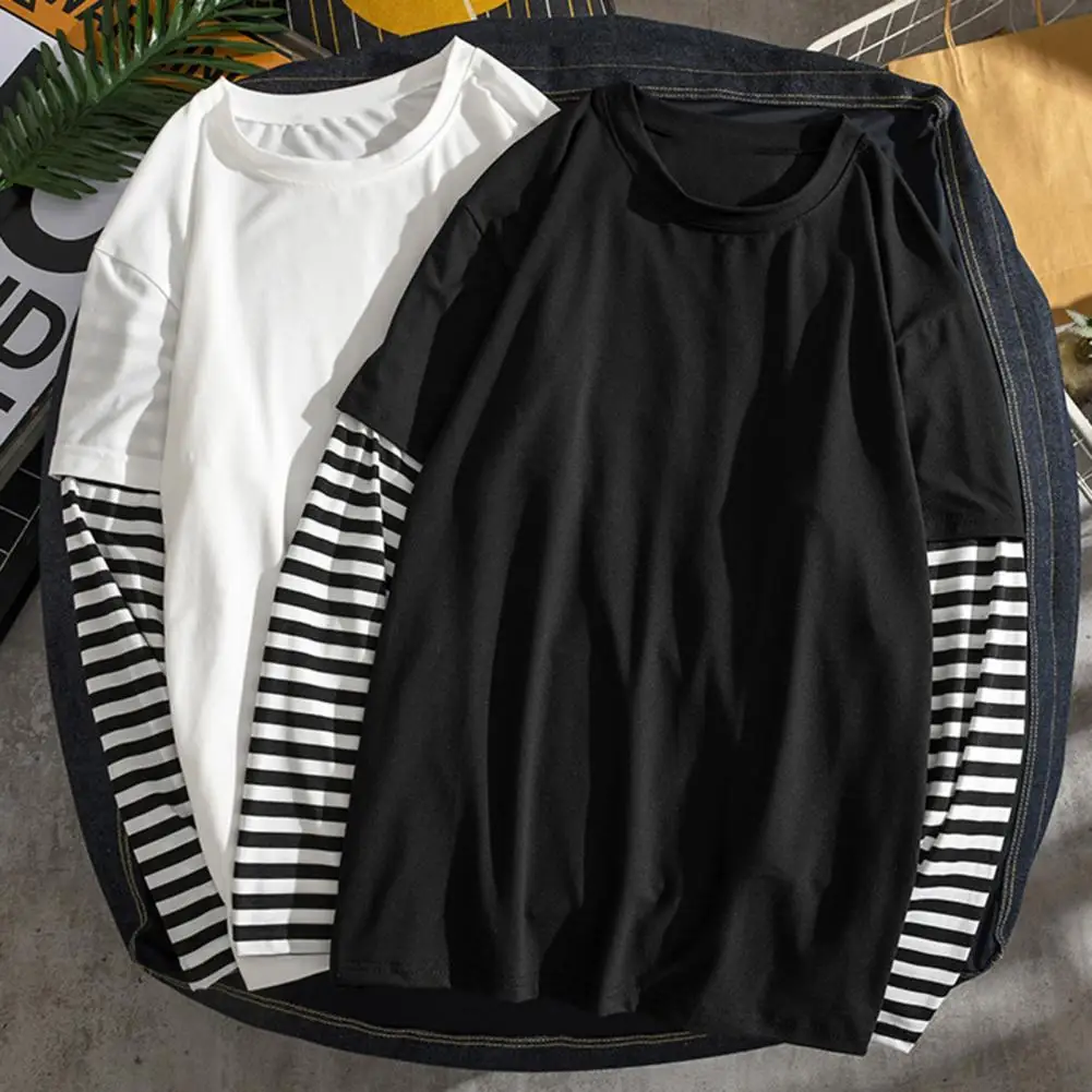 Men Women Fake Two Pieces Harajuku Striped T-shirt Korean Casual Full Sleeve O-Neck T-Shirts 2022 Hip Hop Couple Bottoming Shirt