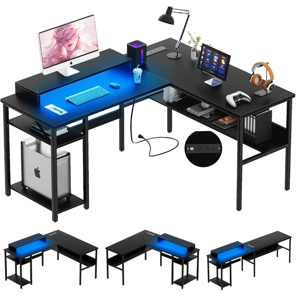 

Unikito Reversible L Shaped Desk with Magic Power Outlets and Smart LED Light, Sturdy Corner Computer Desk with Monitor Stand