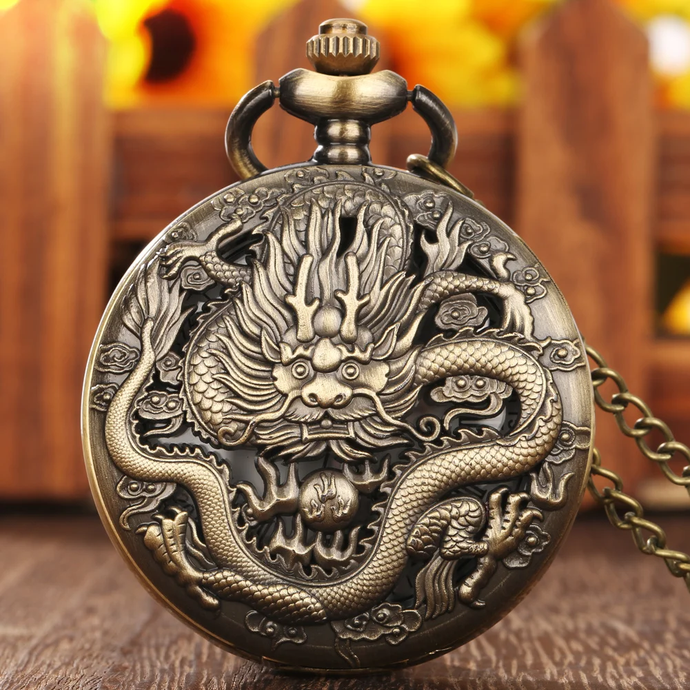 Vintage Bronze Zodiac Dragon Quartz Pocket Watch com corrente, colar animal, presente de cronógrafo para homens e mulheres, crianças e homens