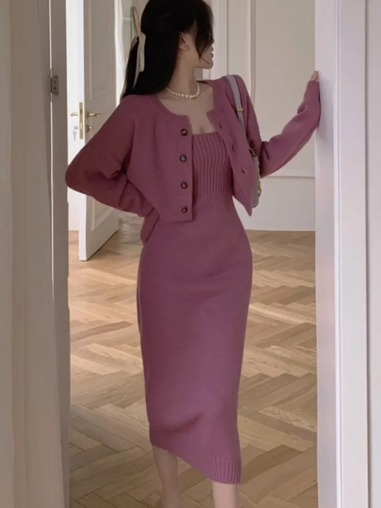 Elegante vestido de punto liso para mujer, moda coreana, vestido de oficina de dos piezas, vestidos de noche casuales cálidos para mujer, Otoño e Invierno