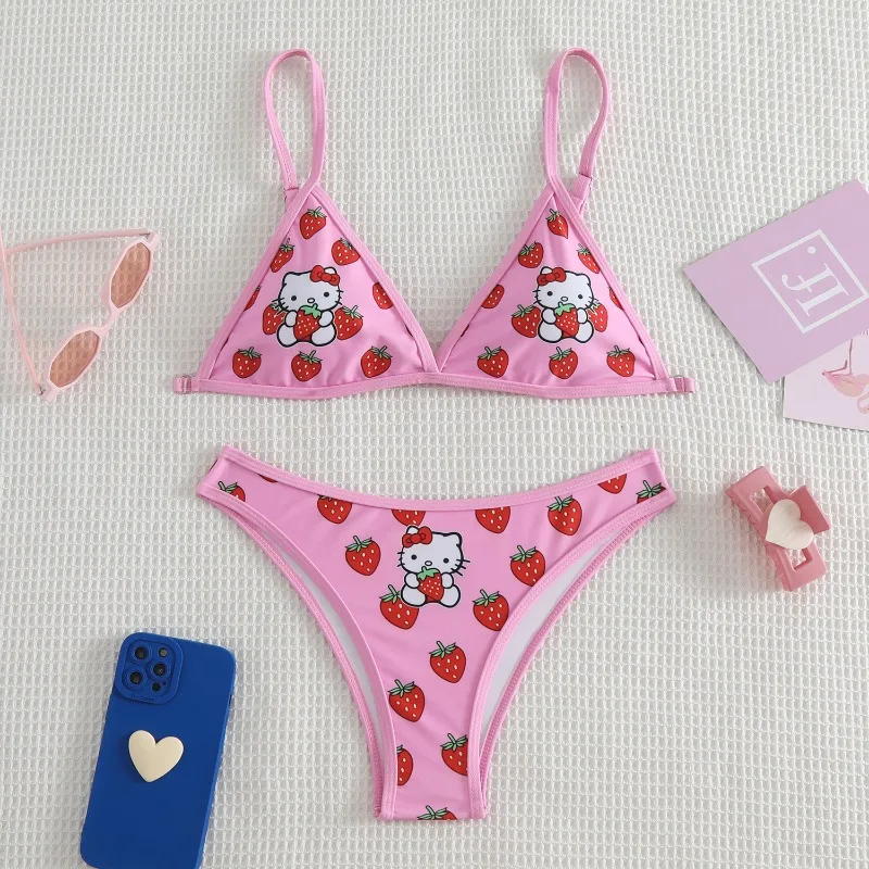 Zestaw Bikini Sanrio Hello Kitty strój kąpielowy damski seksowna strona stringi strój kąpielowy ultracienki biustonosz i krótkie zestawy komplet