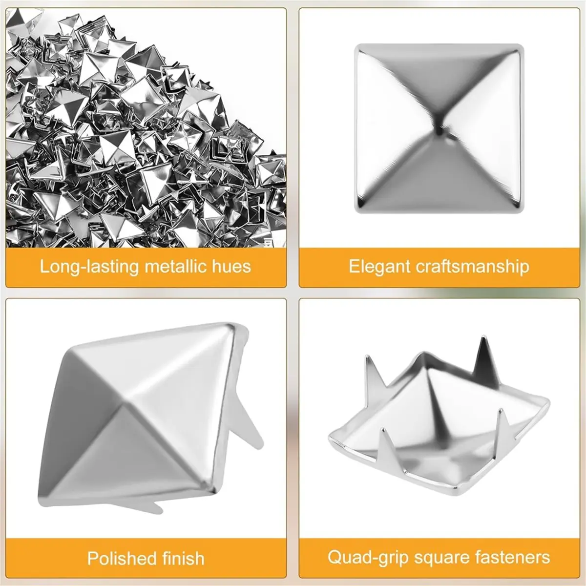 300Pcs Square Pyramid Studs, Silver Prong Spikes and Rivet Kit with Wooden Handle Awl, for Punk Rock Clothing Belts Bags