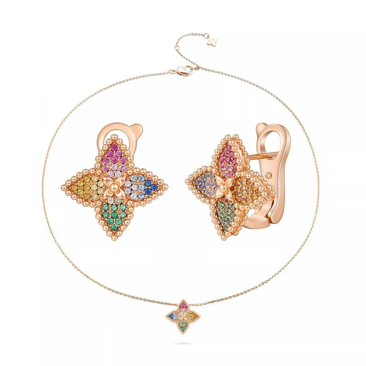 Cmon Kstar New Products Fashion Jewelry Set Dopamine Colored Zircon Flower Necklace Earrings Romantic Gifts for Women