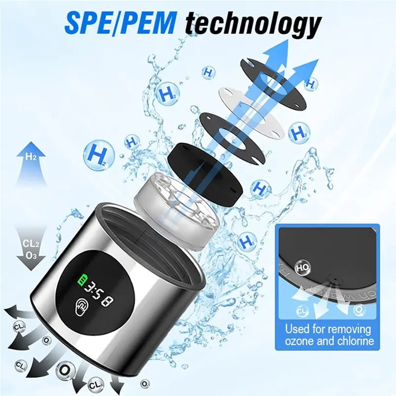B51CNEW! Portable Hydrogen Water Generator Bottle SPE+PEM Dual Chamber Lonizer + PPB&Time Display Electrolytic Hydrogen Water
