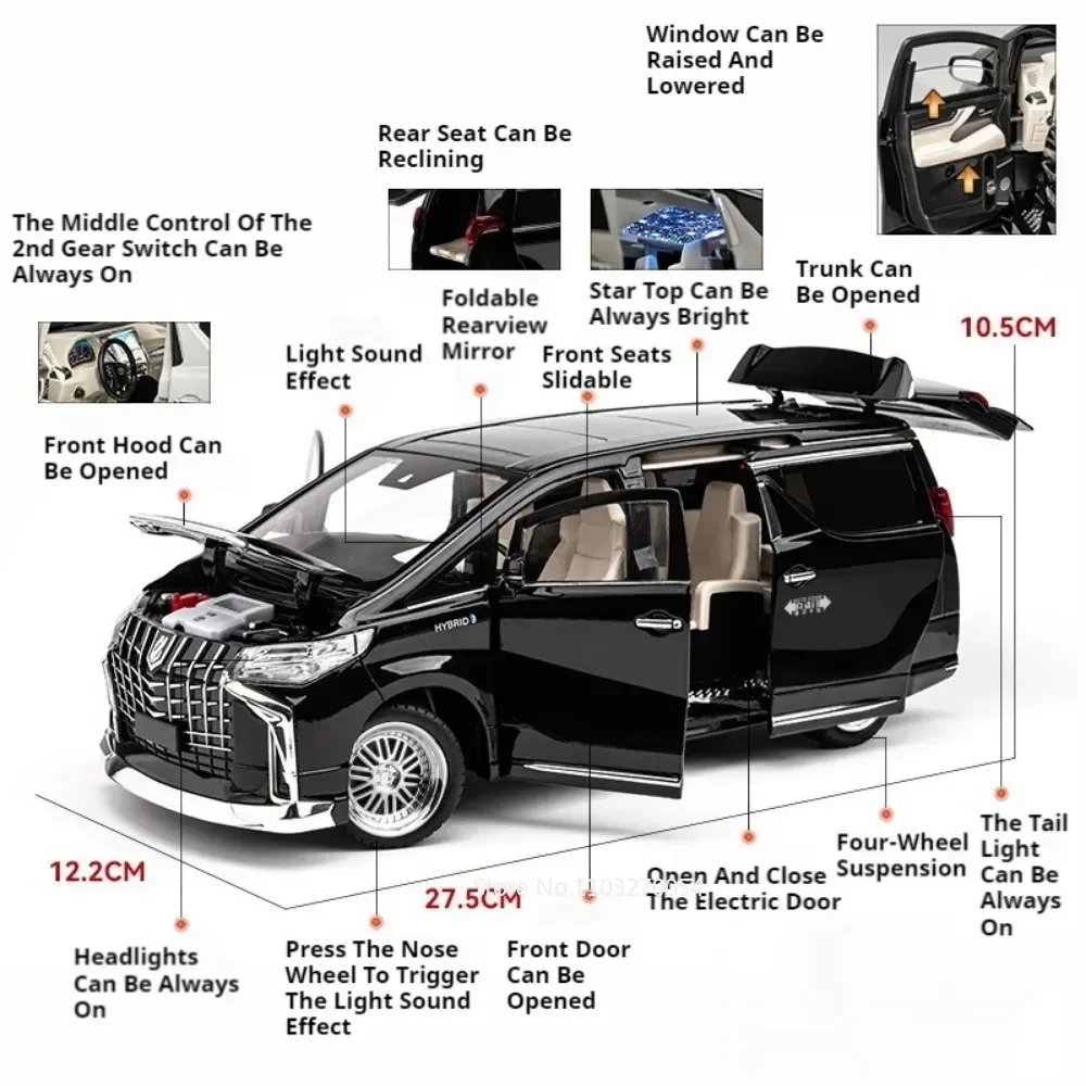 Vellfire Alphard MPV modelo de aleación Diecast coche de juguete puerta automática absorción de impacto sonido luz tirar hacia atrás vehículos presente niño 1:18