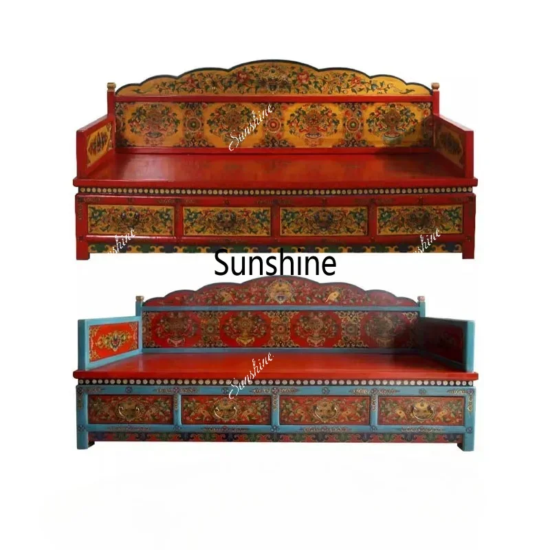 Antique solid wood sofa bed carved old Buddha couch