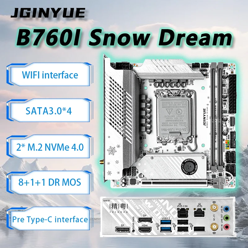 JGINYUE B760i Motherboard mini itx Support Intel Core i3/i5/i7/i9 12th 13th 14th DDR4 Desktop with WiFi B760i-Snow Dream V1.3