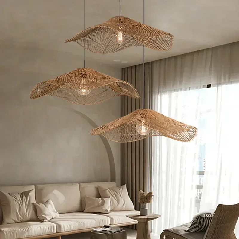 

Retro Rattan Lamp Restaurant Pendant Lights Dinning Room Hotel Loft Suspension Luminaire Rattan Straw Hat Chandeliers