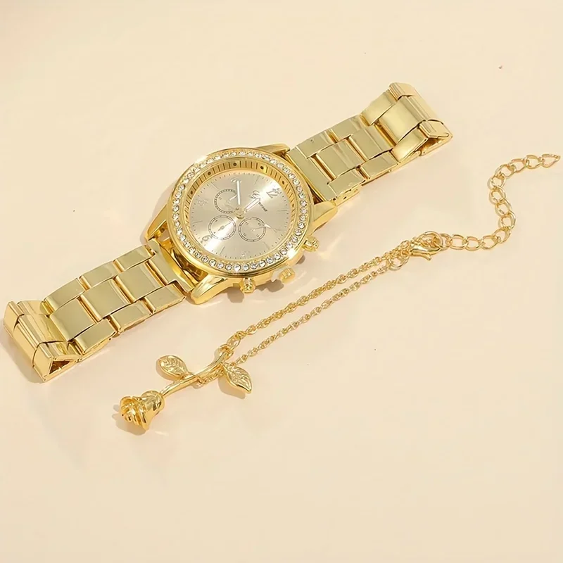 2pcs/set Women's Rhinestone Quartz Watch Analog Stainless Steel Wrist Watch & Rose Flower Bracelet, Gift For HerFashion Watch