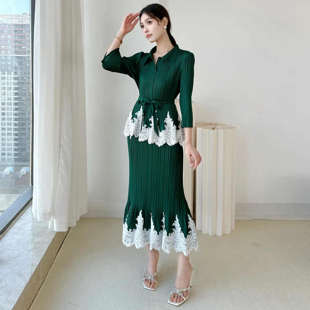 

Green Pleated Shirt Collar 3/4 Sleeve Belted Lace Trim Mermaid Maxi Dress Textured Shirt Dress Romantic Elegant Trendy Evening
