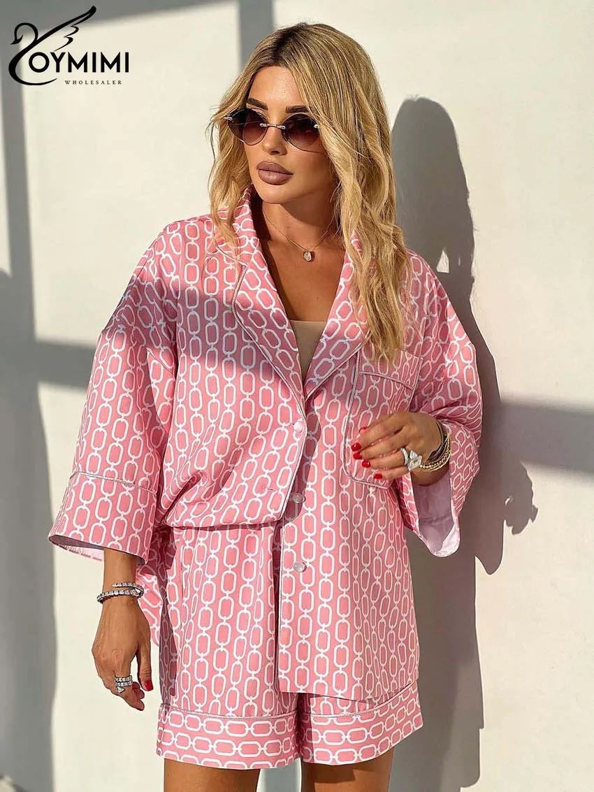 Oymimi Casual Pink Print Two Piece Set For Women Fashion Three Quarter Pockets Button Shirts And High Waist Shorts Female Sets