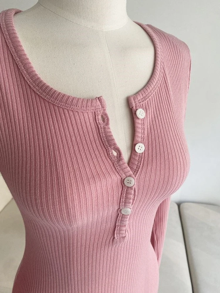 Korean Version Autumn Winter New Bodycon Frock Half Open Neck Button Long Sleeve Cinching Waist Wrap Hip Slim Sexy Knit Dress