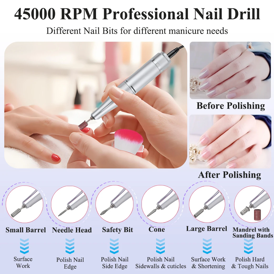 45000 دورة في الدقيقة آلة حفر الأظافر الكهربائية المحمولة ملف الأظافر قابلة للشحن مسمار ساندر ل هلام تلميع الأظافر لصالون مانيكير #6