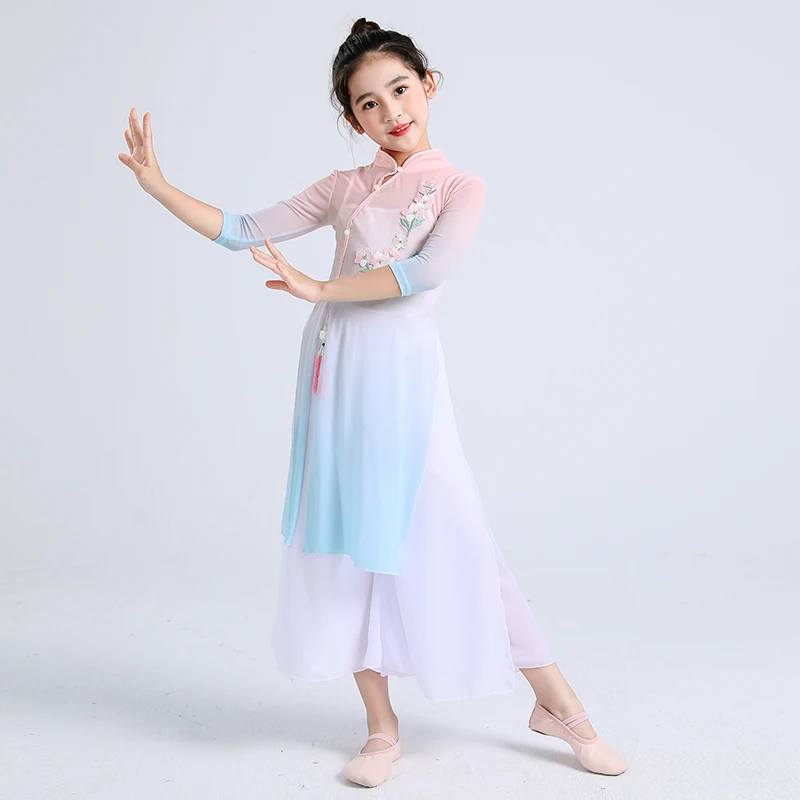 Traje de baile de estilo chino bordado para niña, ropa de baile de abanico para niños, traje de Unbrella Perfromance Oriental para escenario