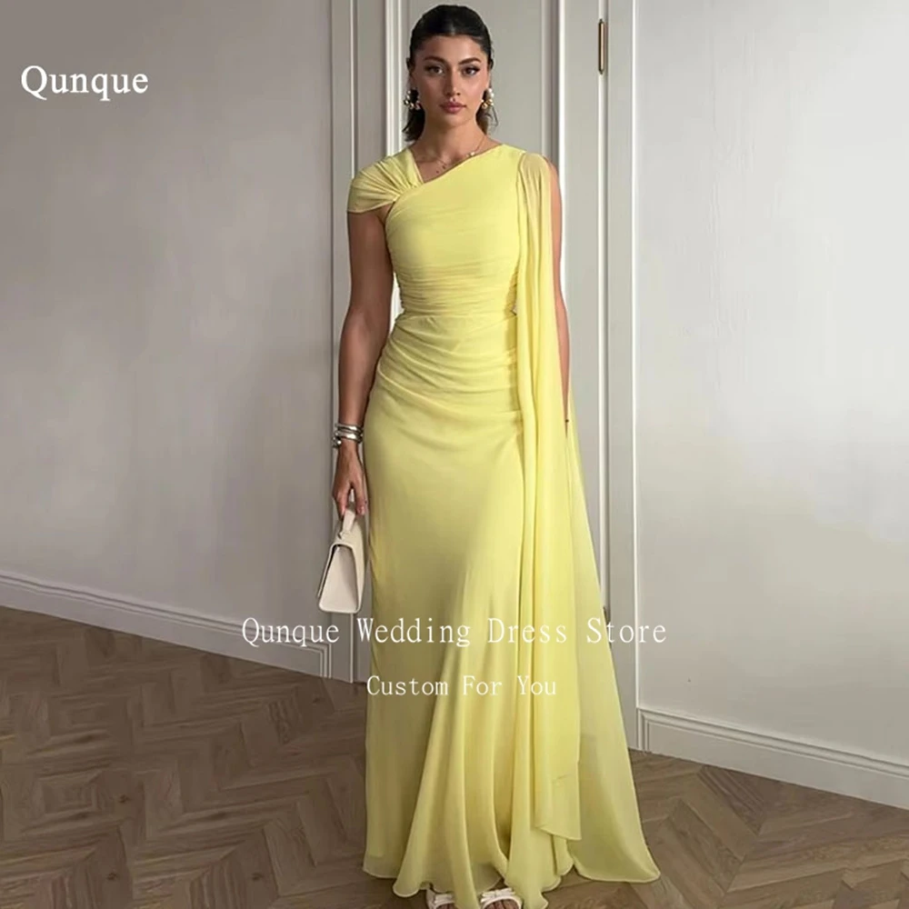 

Qunque Mermaid Chiffon Evening Dresses Customized Unique Mermaid Prom Gown Draped Sleeves Pleat Wedding Party Guest Formal Dress