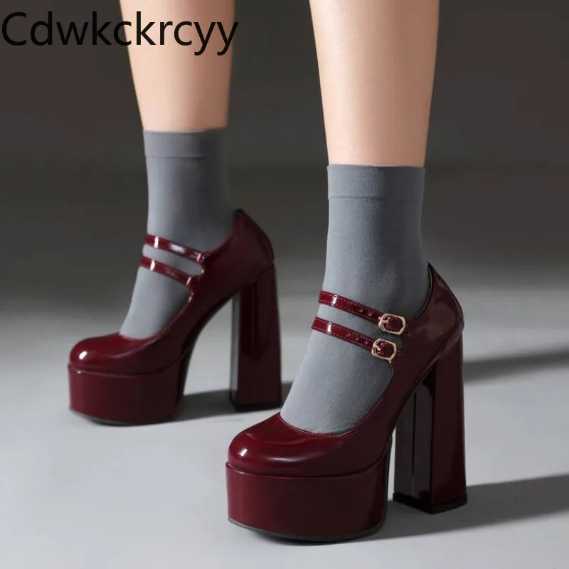 Frühling und Herbst neuer Stil burgunderroter runder Kopf Asakuchi Schnalle Pendeln wasserdichte Ultra-High-Heels Damenschuhe hoch 14 cm