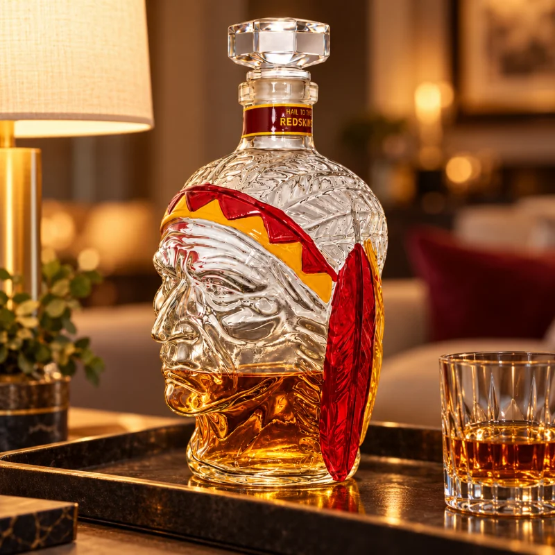 Vintage Indian Chief Head Glass Whiskey Decanter Hand Painted Decorative Spirits Bottle for Bar Display Home Decor
