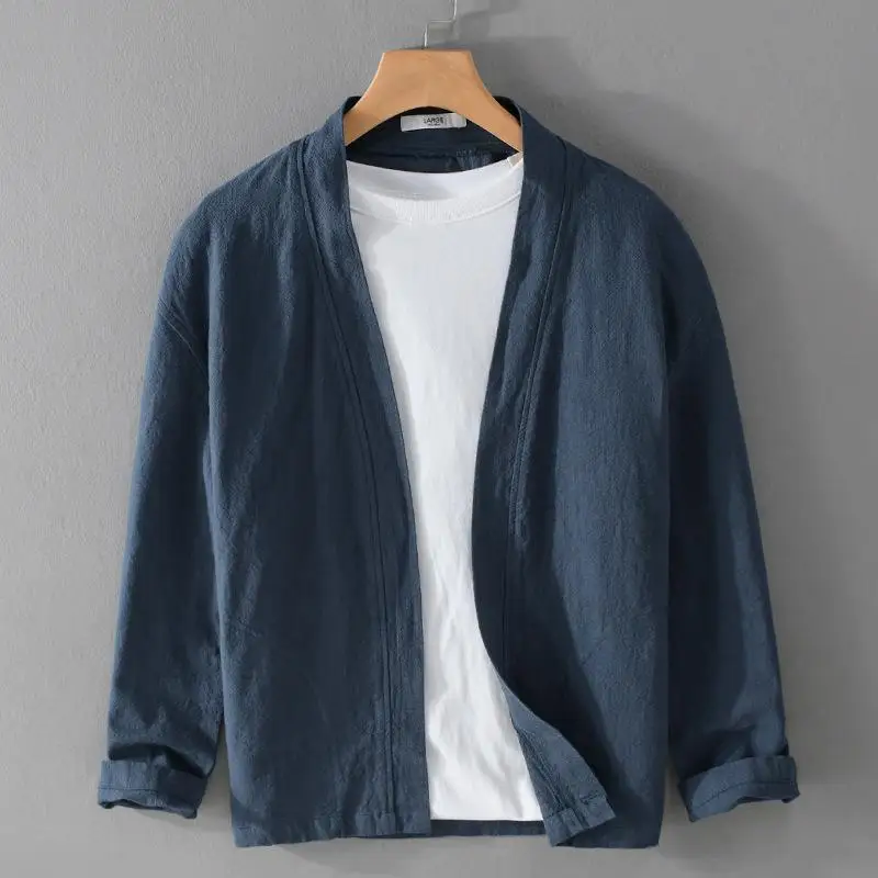 

Cotton Linen Long Sve irt Men's Loose Fit Breathable Outerwear Jaet Youth Spring Season Pure Color Open Cardigan