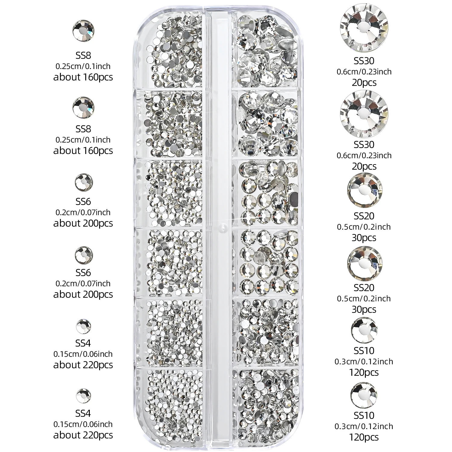 12 Gitter mit verschiedenen Größen, klare weiße Edelsteine, Nagelrhinestones, 3D glänzende, flache Rückseite, SS4-SS30, luxuriöse Kristall-Nagelglitzer-Charms, Hochzeitsdeko – Detail 8