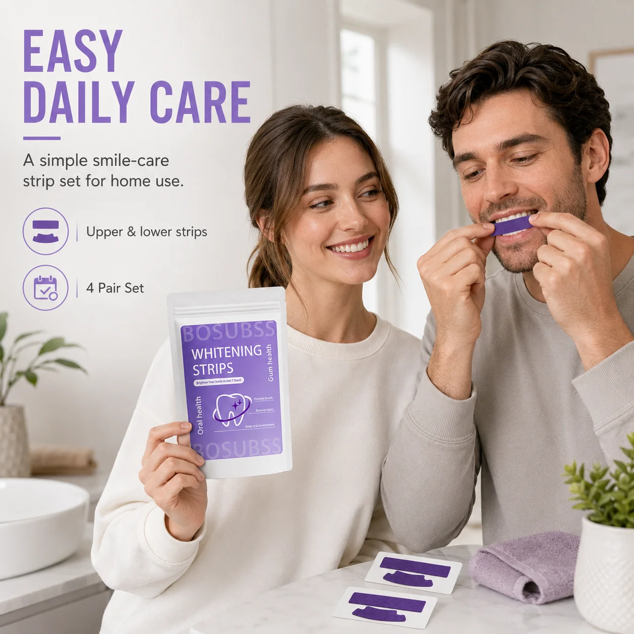 4 Pairs Smile Care Strips, Upper & Lower Tooth Strip Set, Easy At-Home Routine, Compact Pouch For Daily Use view 3