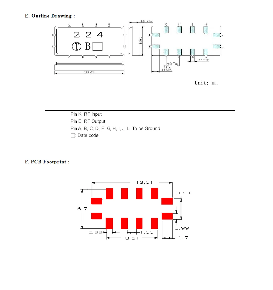 2PCS TB0224A  code 224 brand new genuine 60MHz packaged SMD IF SAW Filter