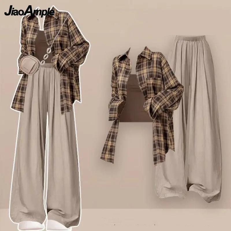Women's 2025 Autumn New Casual Tracksuit Matching Set Korean Elegant Vintage Striped Shirt+Strap+wide Leg Pants 3-piece Suit