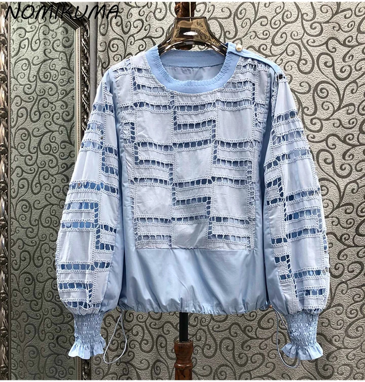 Nomikuma French Embroidery Hollowed Out Hem Drawstring Round Neck Long Sleeved Shirt for Women 2024 Autumn Niche Elegant Top