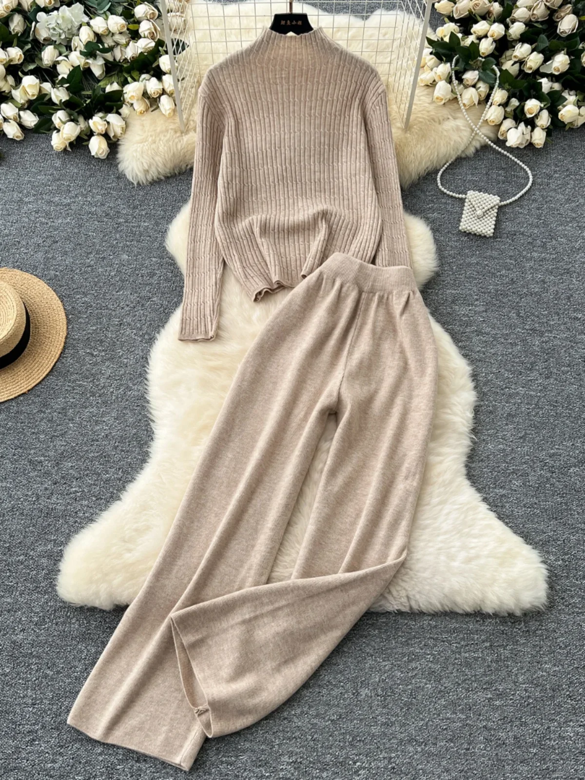 

Turtleneck Sweater Women's 2024 Autumn and Winter New Simple Vertical Knit Top + High-waisted Wide-leg Slacks