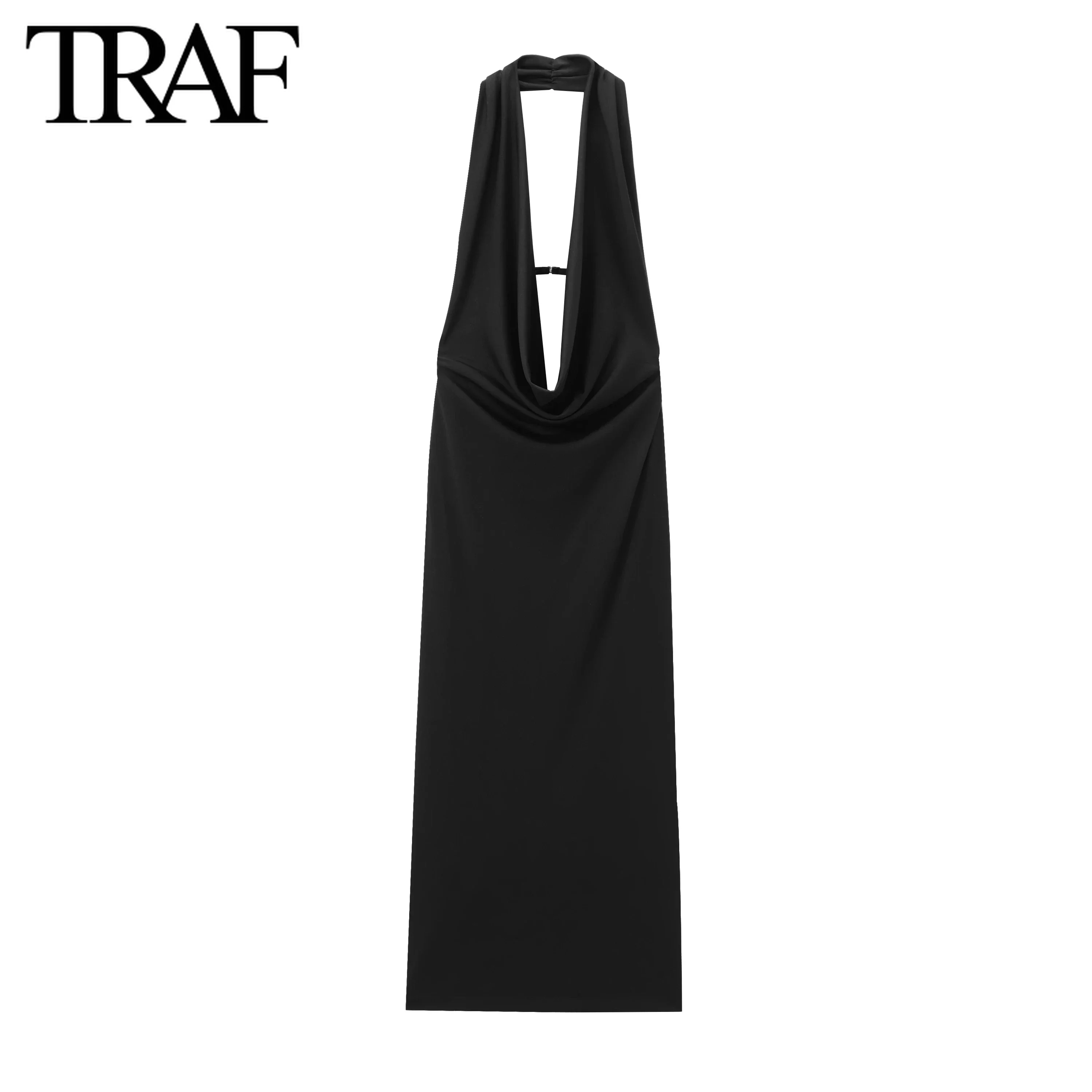 TRAF Women Fashion Summer New Sexy White Halter Folded Backless Sleeveless Long Dresses Chic Female Vintage Evening Dress