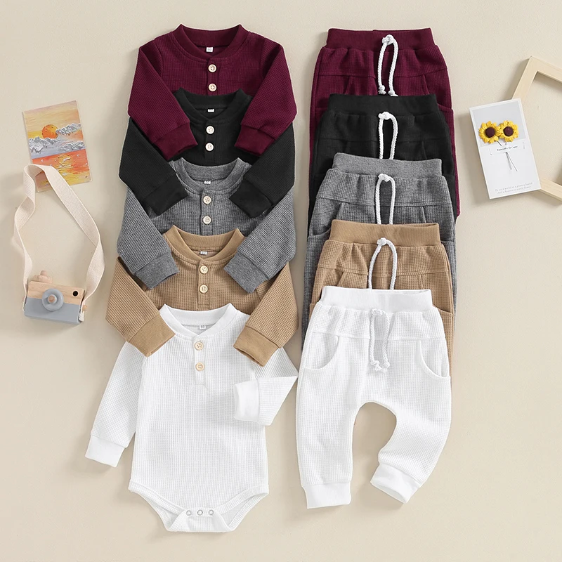 

2023-10-18 Lioraitiin 0-12M Newborn Baby Boy Girl Waffle Clothes Set Solid Color Long Sleeve Romper Pant Spring Neutral Outfits