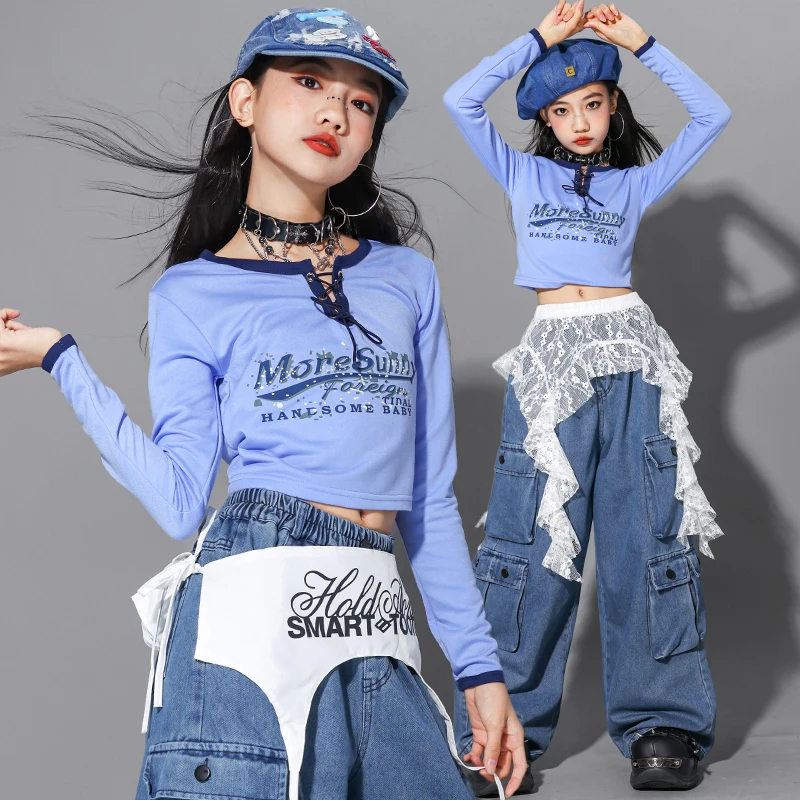 Ropa de baile de Jazz azul para niñas, Top corto, pantalones vaqueros de Hip Hop, traje para actuación en escenario Kpop, ropa de baile callejero para niños 2917