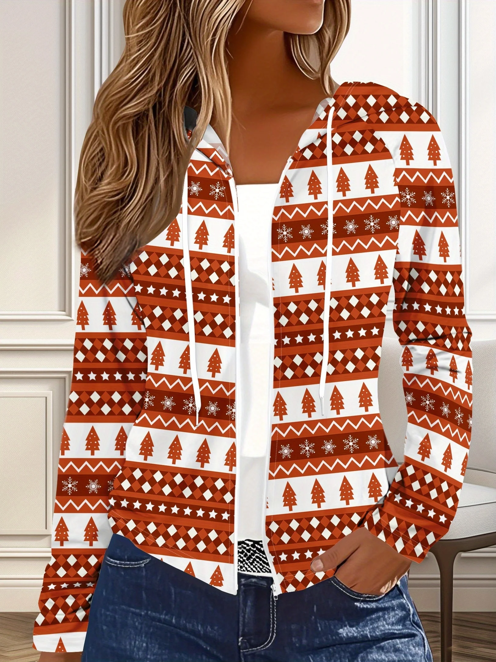 

Куртка с капюшоном на молнии с принтом в стиле кэжуал, с изображением красно-белых рождественских елок, для весны и осени.