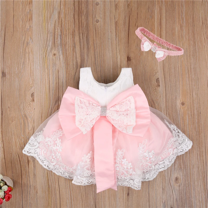 2026 Newborn Baby Princess Girls Dress Headband 6 Colors Sleeveless Lace Bow Flowers Dress Wedding Party Kids Clothes 0-24M