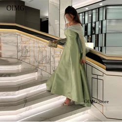 OIMG A Line Sage Green Satin Evening Dresses Off the Shoulder Glitter Long Sleeves Saudi Arabic Women Formal Party Prom Gowns