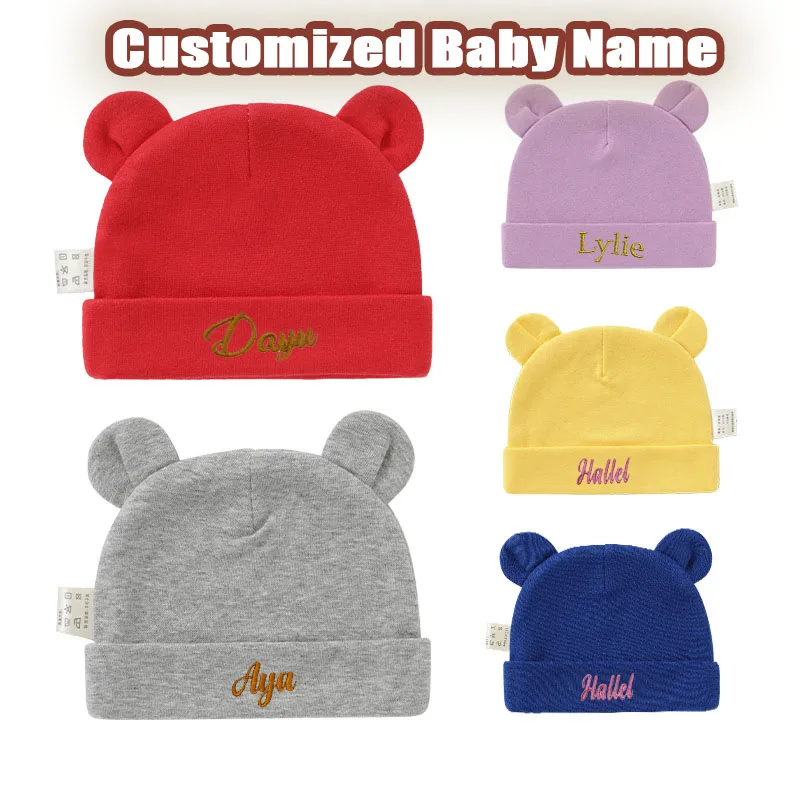 Personalized Newborn Baby Beanie Cute Baby Hat with Ears Cotton Stretch Boys Girls Warm Hat Gloves Shower Custom Baby Name Gift