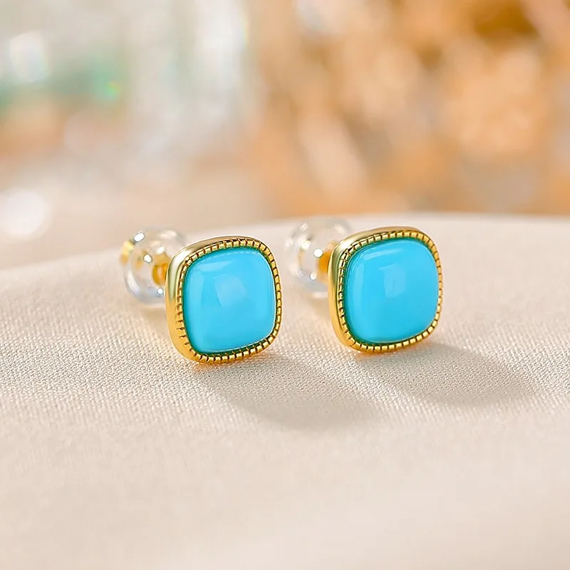 

TIMESWIND Simple S925 Silver Square Turquoise Women S925 Silver Earrings with Certificate