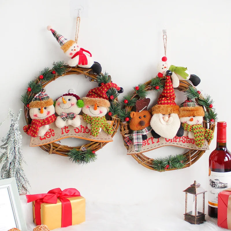 Christmas Snowman Old Man Rattan Garnish Door Hanging Doll Rattan Ring Decoration Pendant Window Arrangement Festive Supplies