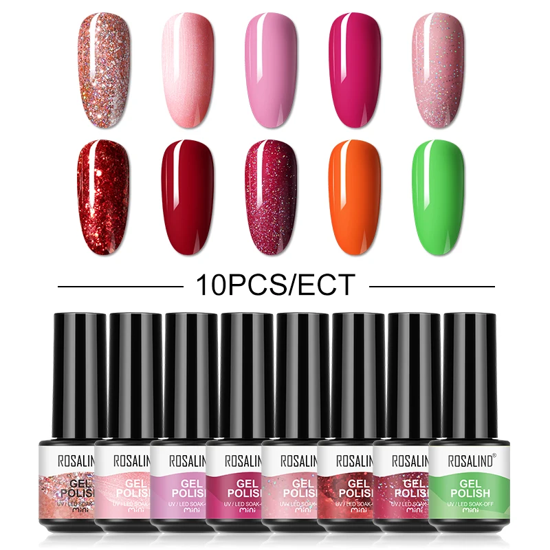 

ROSALIND 10PCS/Set Long Lasting Hybrid Varnish Gel Polish Set Glitter Gel Nail Polish Lot Semi Permanent Gel Base Top Coat