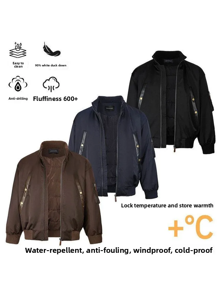 

Men's Pilot Jaet down Coat ort Design Sense Splice Leather Winter Cold Resistance Warm Stand Collar Casual Sle Zipper