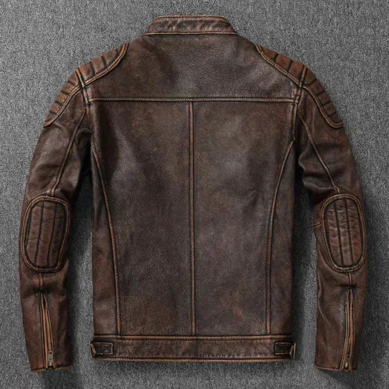 Vintage Black Brown Real Cowhide Genuine Leather Jacket Fur Men's Bomber Men Motorcycle Coat